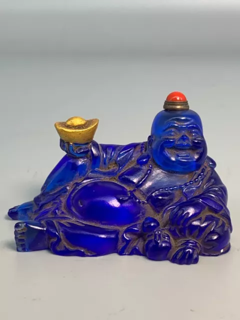 Chinese Old Coloured glaze gilt Handcarved Exquisite Buddha statue Snuff bottle 2