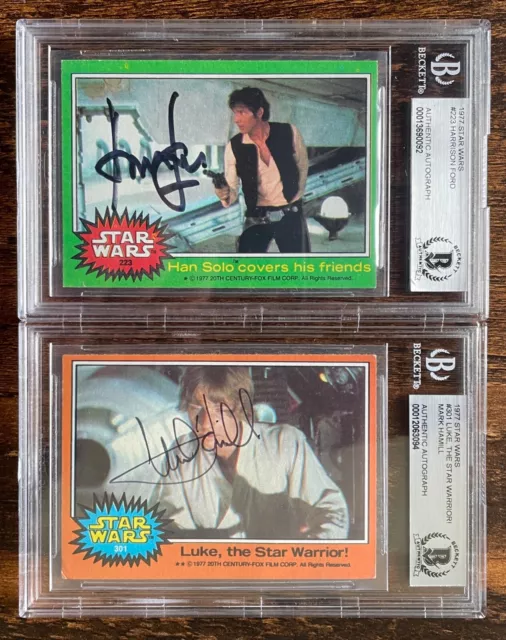 Harrison Ford, Mark Hamill Star Wars Signed Topps 1977 VINTAGE Trading Card. BAS