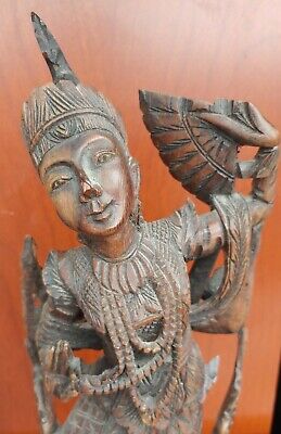 Old Vintage Hand Carved Wooden Asian Thai Fan Dancer Figure Wood Carving Statue