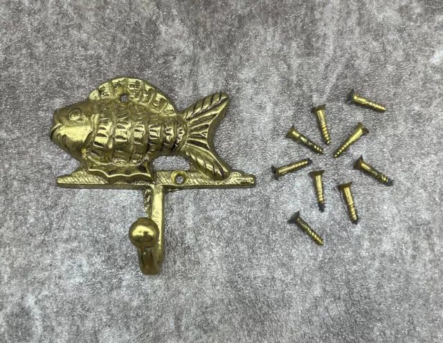 vintage fish shape solid brass coat hook wall hanger w/ extra screws