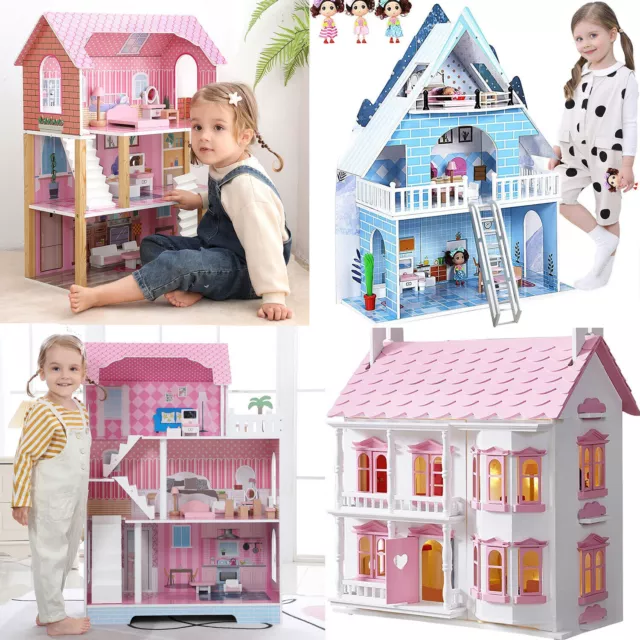 Large Wooden Dollhouse Playset Kids Role Play Toy Educational Doll House Mansion