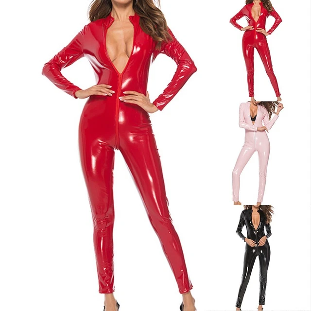 Generisch 2026 - Frauen Yoga Jumpsuits Glänzender Metallic Pvc Stehkragen Langarm Trikot Bodysuit