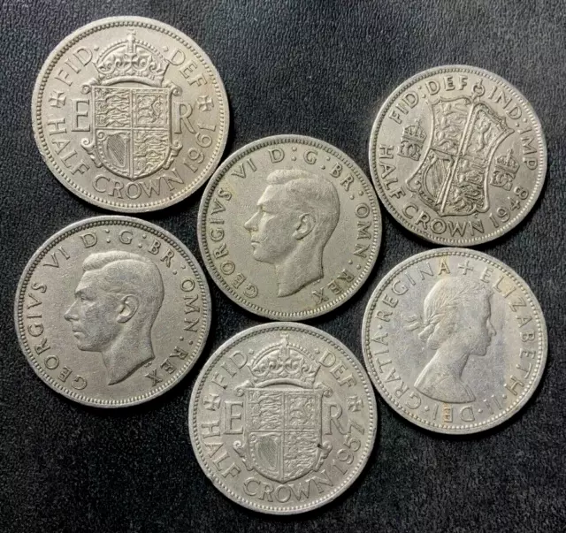 Vintage Great Britain Coin Lot! EXCELLENT HALF CROWNS - 6 COINS - Lot #M28