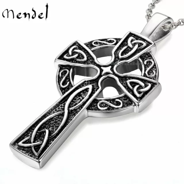 MENDEL Mens Stainless Steel Irish Celtic Knot Cross Pendant Necklace Silver Men
