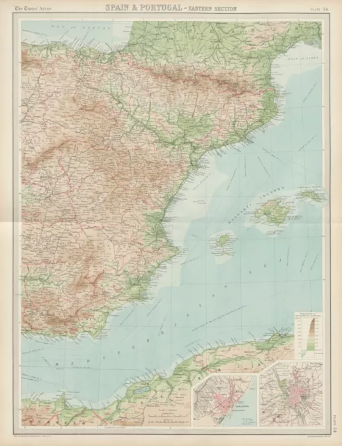 Eastern Spain. Balearic islands. Madrid Barcelona. THE TIMES 1922 old map