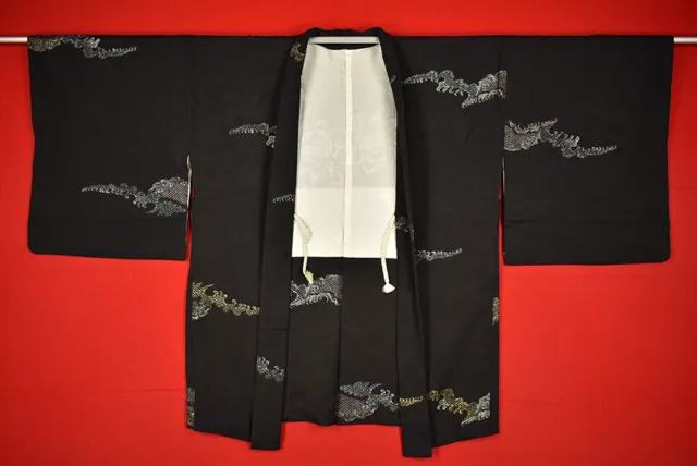 Vintage Japanese Kimono Silk Antique BORO Black HAORI Kusakizome Woven/B708/530