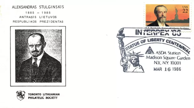 Aleksandras Stulginskis President Of Lithuania Liberty Cachet Cover Interpex '86