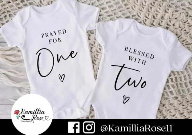 Prayed For One, Blessed With Two. Baby Vest Bodysuit new Reveal Announcement.