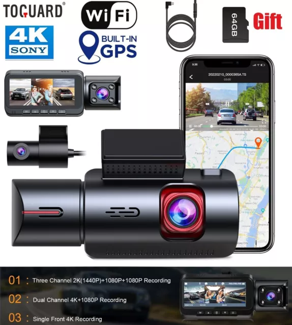 TOGUARD 3 Channel WIFI GPS 4K Car Dash Cam 3.2''Car Camera Recorder Night Vision