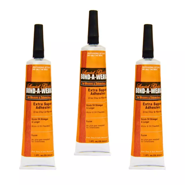 3 x Liquid Gold 1oz Tube Hair Extension Glue For Bonds Weaves Wefts