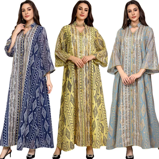 Maxi Abito Ricamo Abaya Donna Musulmana Caftano Paillettes Maglia Abito Islamico Ramadan