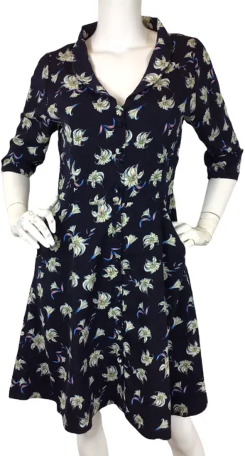 NWT Trollied Dolly Tea Party Fit Flare Dress Buttoned 1/2 Sleeve Black Floral S