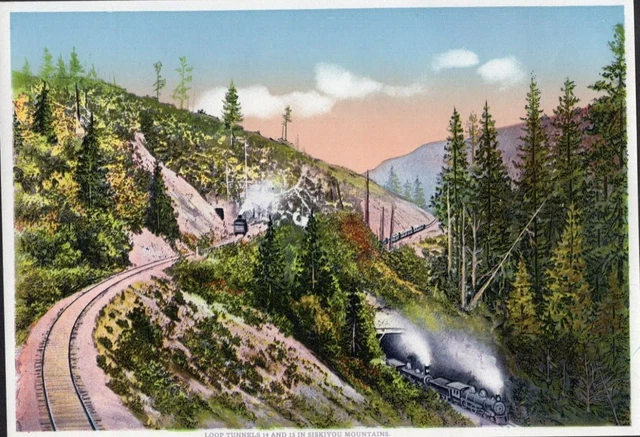 Vintage Print View of Loop Tunnels 14 and 15 in Siskiyou Mountains Train C1915