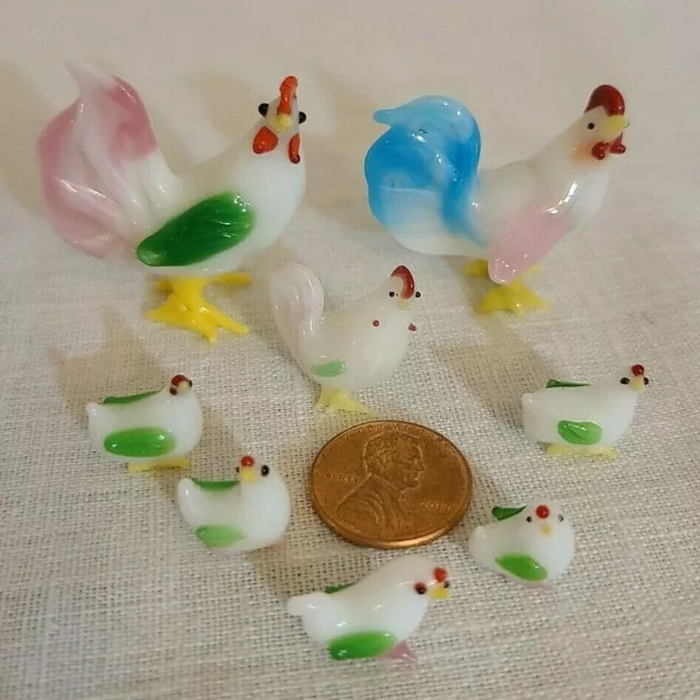 Vintage glass miniature rooster bird family set of 8 micro mini figurine lot #1