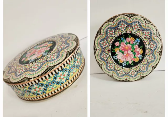 Vtg Floral Tin Container w/lid By Daher Made In England Mosaic Colorful 8x3” *M