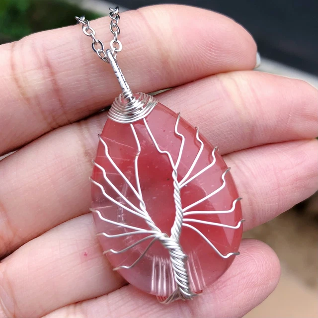 Cheery Quartz Gems Tree Of Life Necklace Water-drop Chakra Reiki Healing Amulet