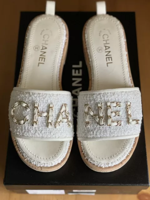 CHANEL, Shoes, Chanel Nib Grosgrain Beige Satin Pearl Bow Open Strap  Sandals Heels Shoes 42