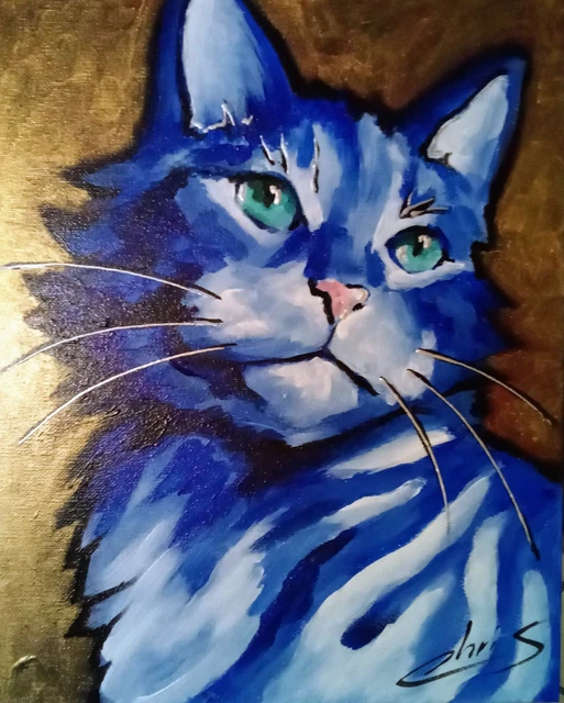 Tableau Peinture Toile Le Chat Bleu Tigré Street Art N°10 Original Signe Chrisk