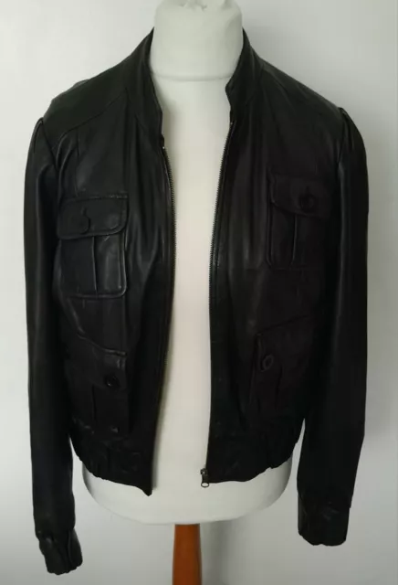 M&S AUTOGRAPH - REAL LEATHER Bomber Jacket BLACK Soft Size 16/18