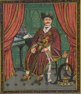 Miniature Portrait Peinture De Maharaja Assis Sur Chaise Vrai Or & Pierre