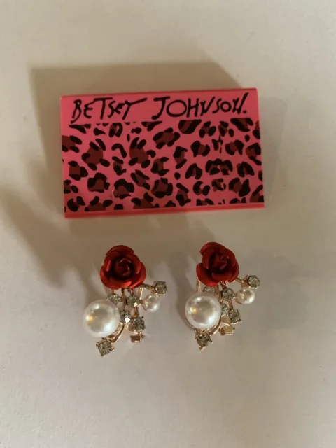 Betsey Johnson Fashion RED crystal rose pearl Rhinestone Earrings-BJ66410