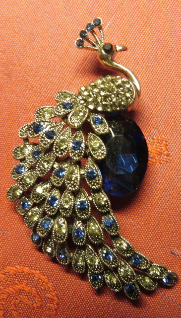 Broche Plume De Paon Vintage - Dorée Avec Cristaux Et Strass Bleu - Style Bohème Chic - Neuf Sans Emballage