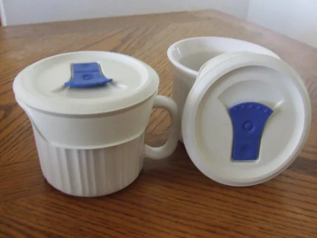 TWO CorningWare Stoneware White Microwave & Oven 20oz Soup Mugs W/Vented Lid
