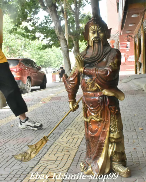 39'' Old China Pure Bronze Gilt Guardian Dragon Guan Gong Yu Warrior God Statue