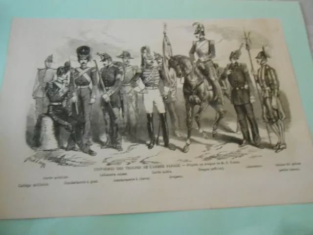 Gravure 1860 - Uniforme des troupes de l'armée Papale