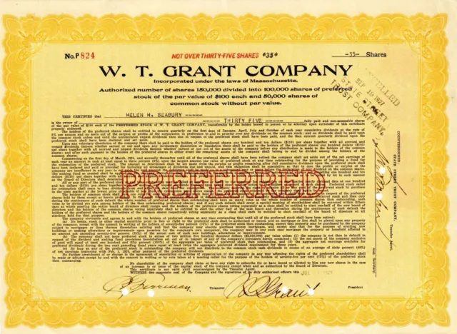 W. T. Grant Co. signed by W.T. Grant - Stock Certificate - Autographed Stocks &