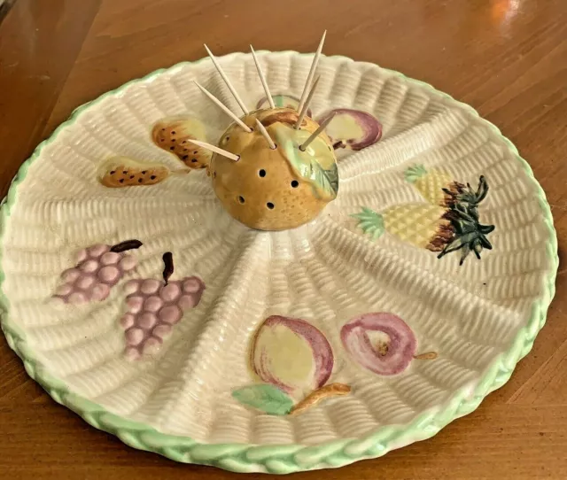 Vintage Japan Majolica Hors D' Oeuvres Plate Snack Tray, Center Toothpick Holder