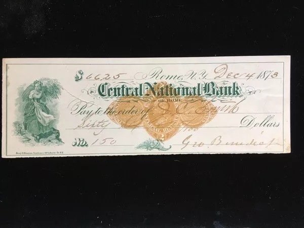 U.s. Used Check #Rnd4 1873 Central National Bank Of Rome Ny