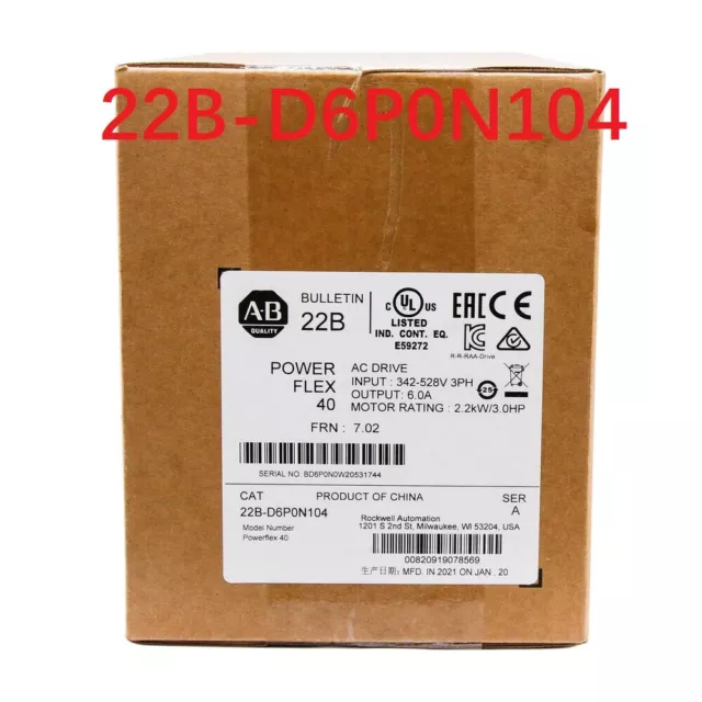 22B-D6P0N104 Allen-Bradley PowerFlex 40 2.2KW/3.0HP AC Drive 22BD6P0N104