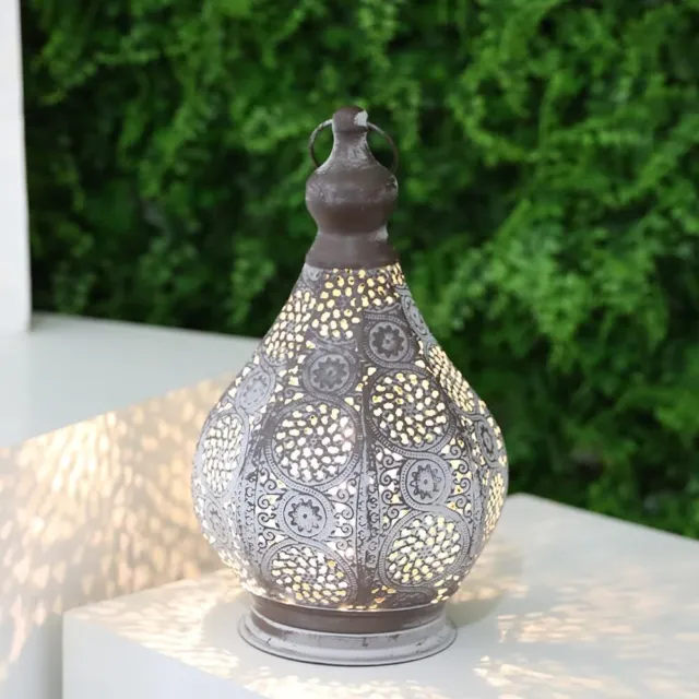 JHY DESIGN Moroccan Battery Powered Table Lamp Metal Lantern Grey