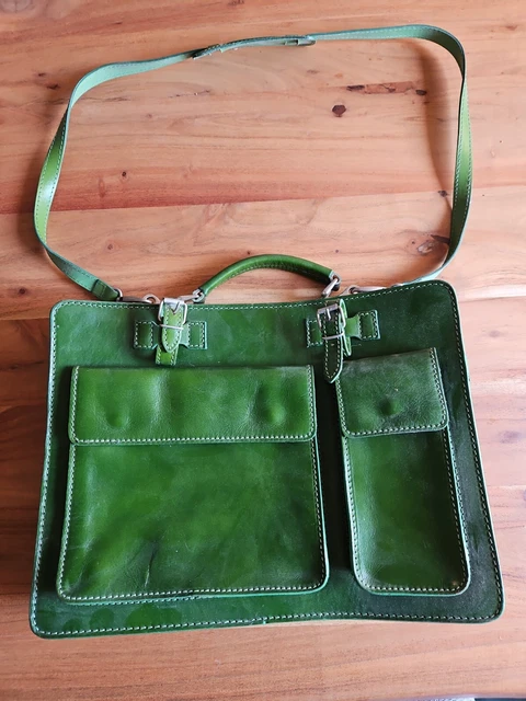 Leder Aktentasche Schultasche grün mit Trageriemen Leder Aktentasche Schultasche grün mit Trageriemen