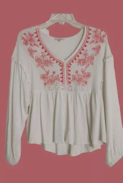 Chelsea and Violet Women's Embroidered Peasant Top Blouse Size Large White Boho