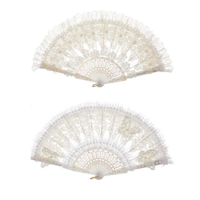 2 éventails En Dentelle Pliables Noir – Motif Franges Dorées, 42x23 Cm, Pour Mariage, Danse, Décoration, Accessoire De Spectacle