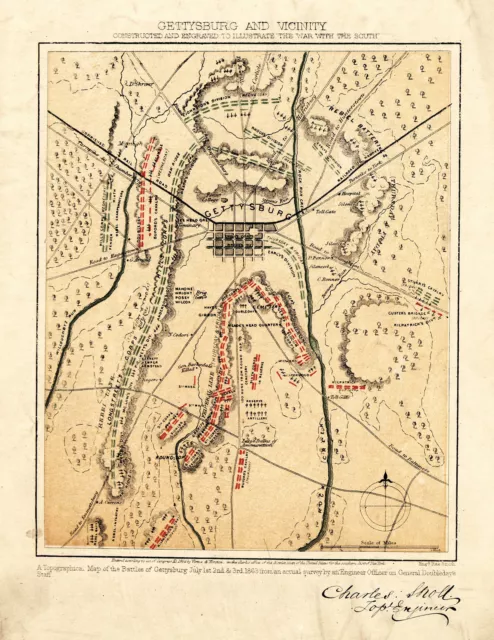 1863 Civil War Map Gettysburg Military Battles Vintage History Wall Art Print