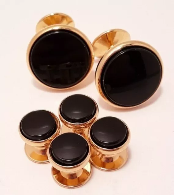 Tuxedo Black on Gold tone Cuff Links and 4 Matching Shirt Studs Formal Wedding