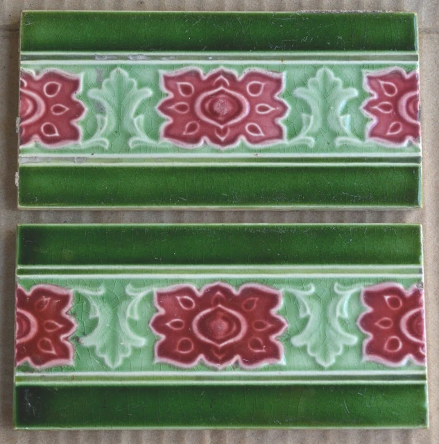 European - 2 Antique Art Nouveau Majolica Border Tiles C1900