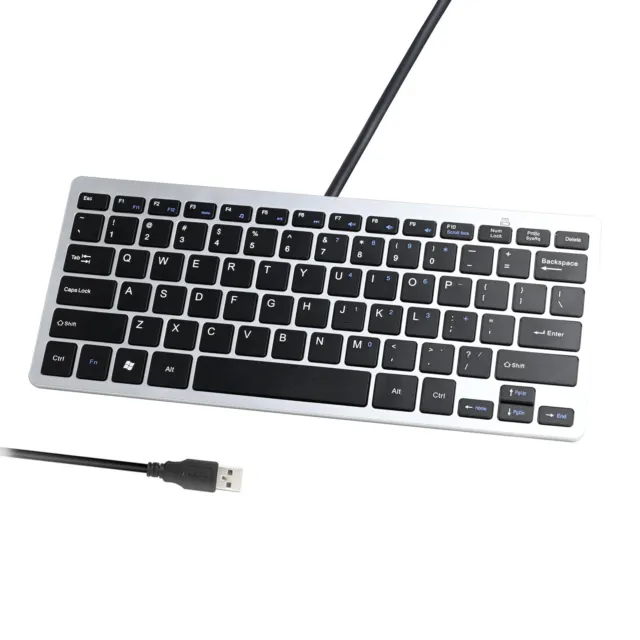Ultra Thin Mini USB Wired Compact Keyboard for PC Mac Laptop 78 Black Key Silver
