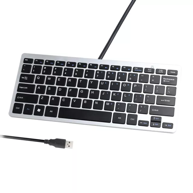 Ultra Thin Mini USB Wired Compact Keyboard for PC Mac Laptop 78 Black Key Silver