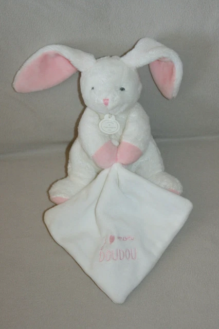 Doudou Et Compagnie Doudou Lapin Blanc Rose Mouchoir Blanc J"Aime Mon Doudou