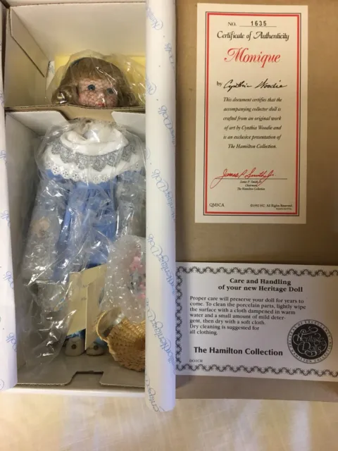 HERITAGE DOLLS Fine Bisque Porcelain Doll 'MONIQUE"  New In Box CYNTHIA WOODIE