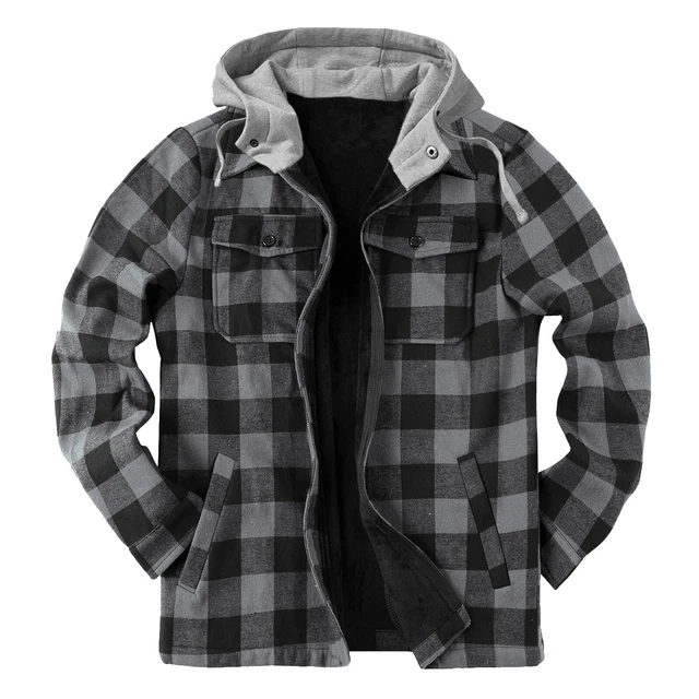 Mens Plaid Lumberjack Sherpa Jacket Hooded Work Shirts Polar Fleece Lined Hoodie