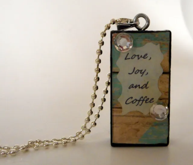 Love Joy and Coffee Collage Domino Necklace Pendant Reclaimed Mixed Media Art