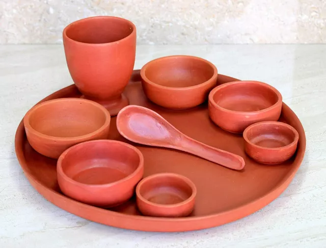 Handmade Organic Clay Terracotta Decorative Dinner Thali Set - Brown