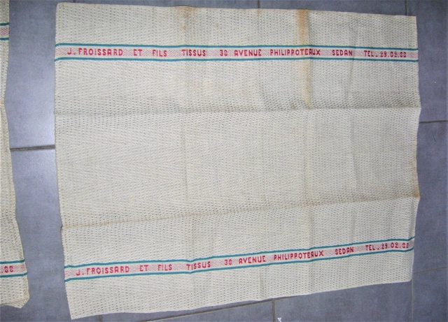 Vintage 3 ancien torchon Textile Froissard Fils 38 Av Philippoteaux 08 SEDAN 40s 2