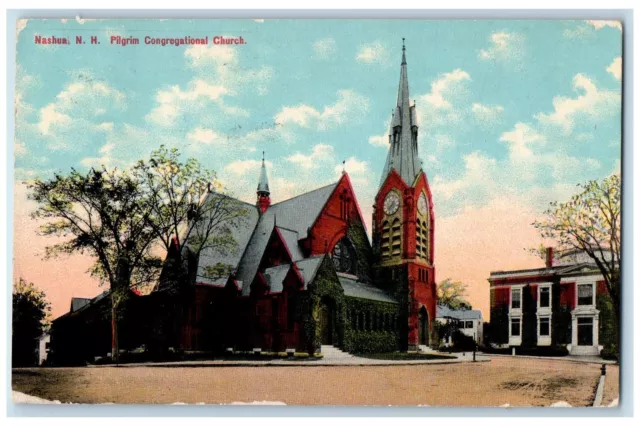 1905 Pilgrim Congregational Church Clock Entrance Dirt Road Nashua NH Postcard