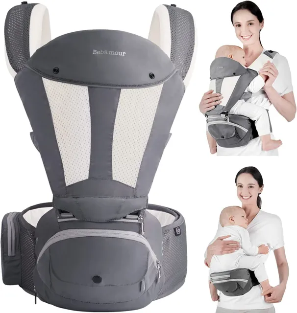 Bebamour Hip Seat Baby Carrier Newborn to Toddler Foldable Air Grey @FI CABL